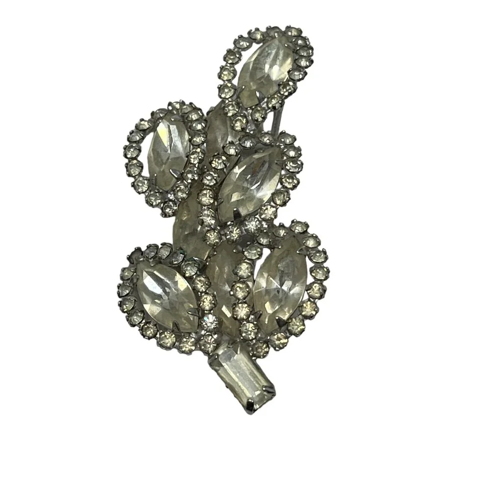 Vintage Weiss Brooch‎ Marquise Round Rhinestones Flower Leaf Pin